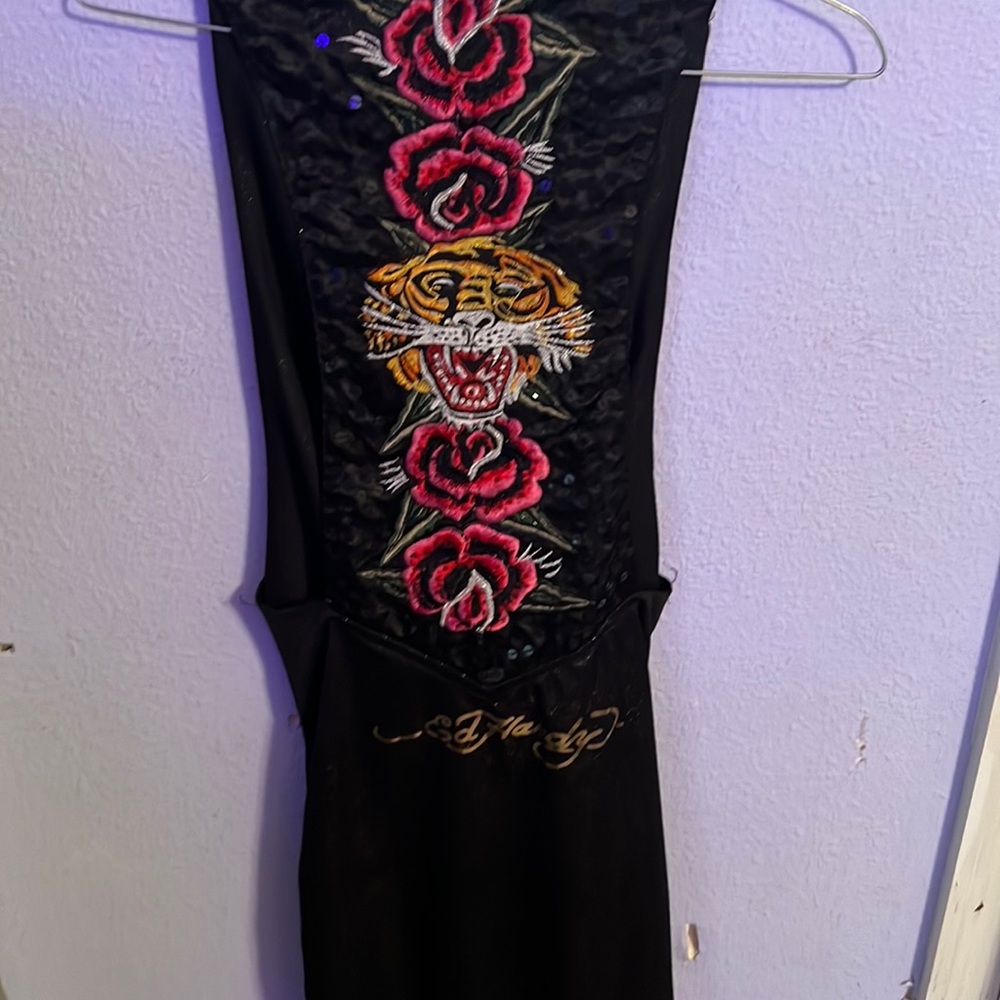 Ed Hardy black and gold slip dress with tiger print on the back.